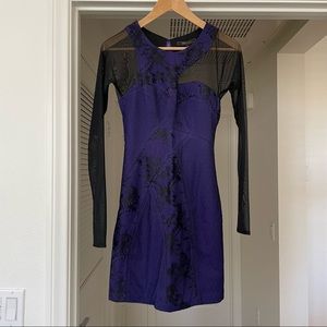 NWOT BCBGMAXAZRIA purple and black mesh bodycon dress, size 0
